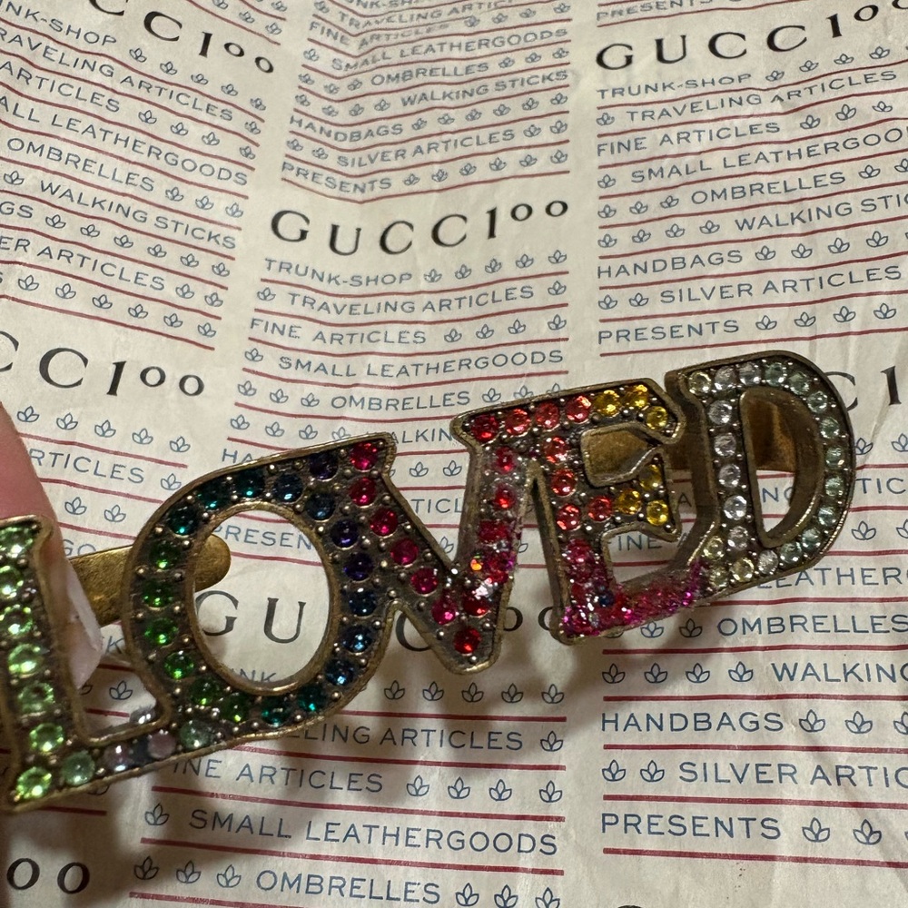 Gucci Gold Multicolor Crystal 'LOVED' Bracelet Cuff signed authentic. Listing B - Picture 2 of 9